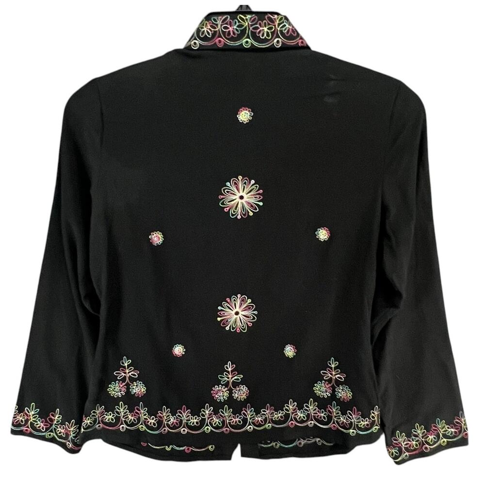 Silkland Y2K Shirt Women S Petite Black Silk Embroider Floral Button Up Boho Art - Picture 4 of 14